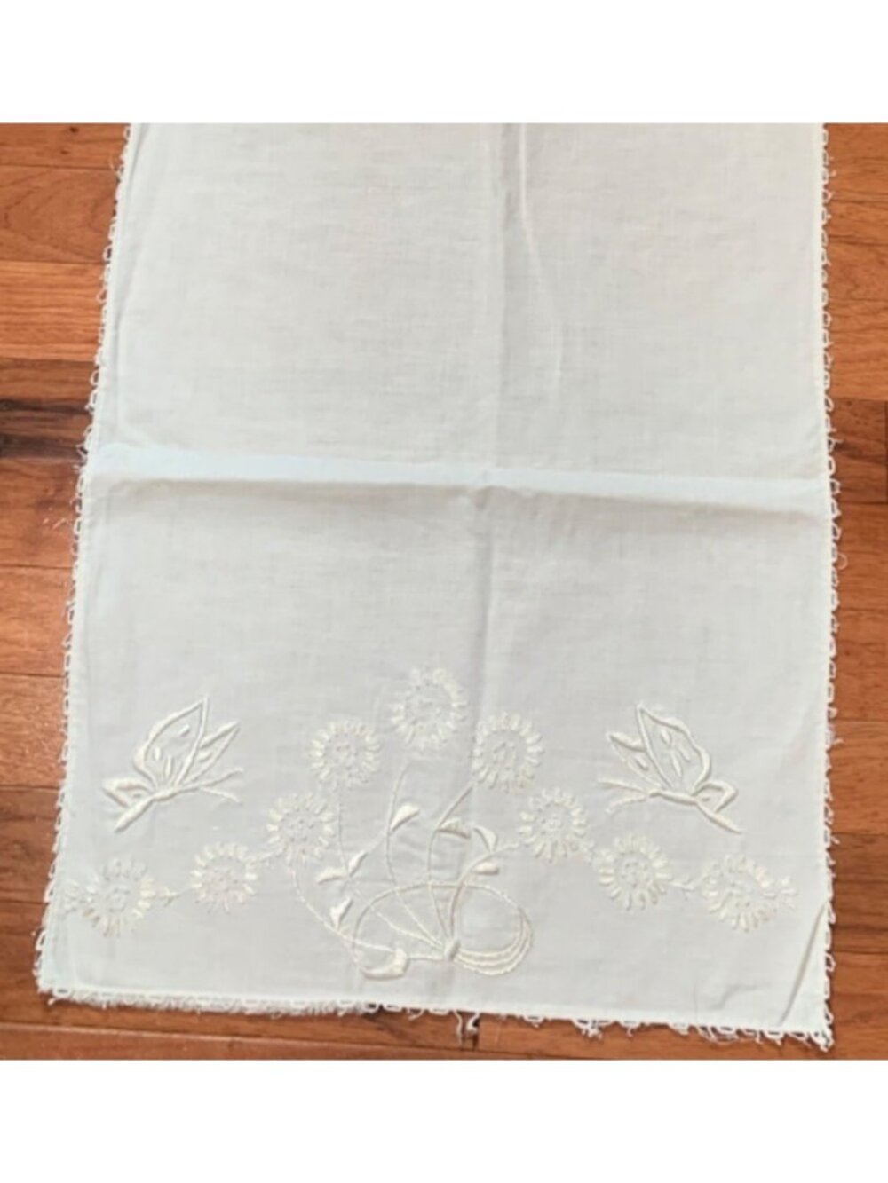 Hand-Embroidered White Linen Table Runner Floral Butterfly Design 42x16"